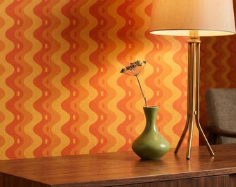 70s Retro Wallpaper, Bold Orange Fan Pattern Wave, Maximalist Accent Wall Decor