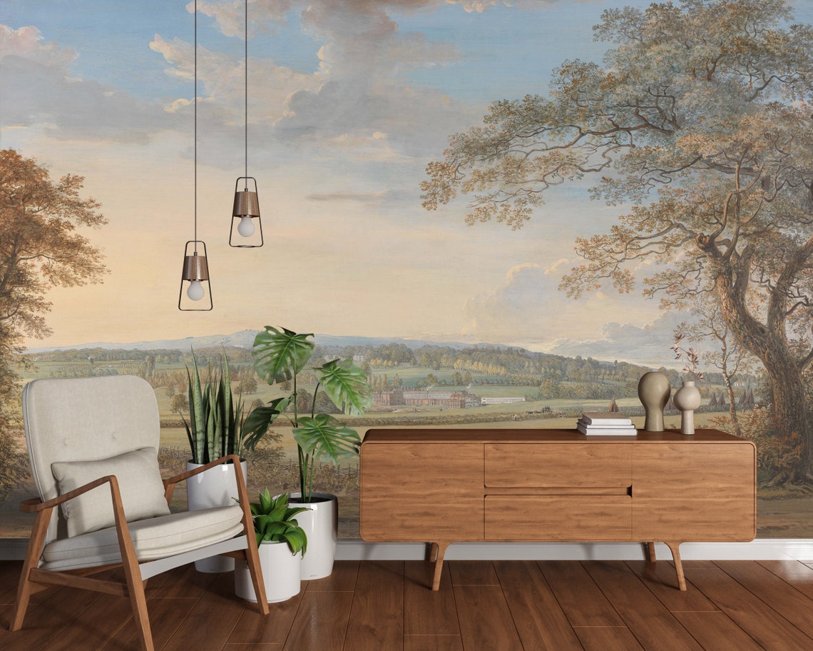 Scenic Wallpaper Mural, Rural Landscape Wallpaper Traditional, Vintage ...