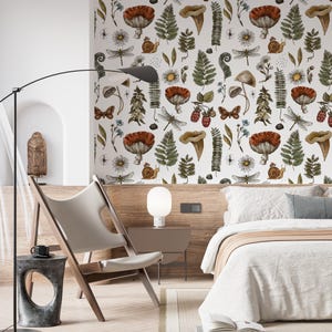 Mushroom Wallpaper, Woodland Mural, Mid Century Modern Wallpaper, Kids Wallpaper, Peel and Stick Wallpaper Mushroom, Vintage Wallpaper