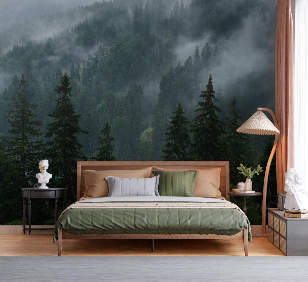 Misty Pine Tree Forest Landscape Wallpaper, Peel and Stick Wall Mural ...