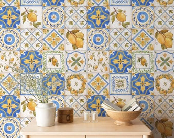 Watercolor Lemons and Blue Sicilian Style Tiles Removable Wallpaper, Watercolor lemon tile wallpaper, peel and stick wallpaper, tile design