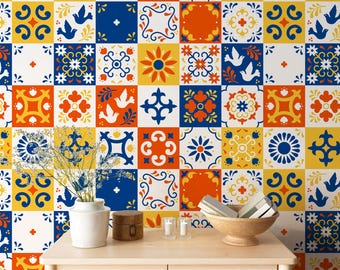 Mexican talavera Wallpaper, Wallpaper tiles with flower, leaves and bird ornaments, Peel & Stick Fabric Wallpaper #227