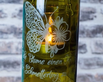 Hanging lantern made of wine bottle - butterfly - laser engraved