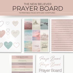 Puede incluir: Un tablero de oraci&oacute;n imprimible con un esquema de color rosa y blanco. El tablero presenta una variedad de citas y escrituras inspiradoras, que incluyen "Jes&uacute;s", "Dar descanso", "No tengas miedo", "Alaba al Se&ntilde;or", "Ha resucitado" y "S&eacute; fuerte". El tablero tambi&eacute;n incluye una secci&oacute;n para escribir oraciones personales.