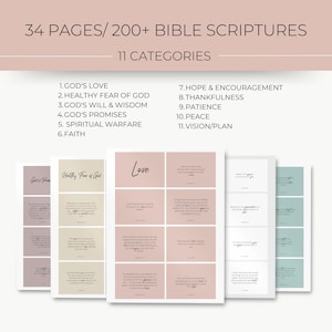 Puede incluir: Un conjunto de tarjetas de vers&iacute;culos b&iacute;blicos imprimibles con 11 categor&iacute;as, que incluyen el amor de Dios, el temor saludable de Dios, la voluntad y la sabidur&iacute;a de Dios, las promesas de Dios, la guerra espiritual, la fe, la esperanza y el aliento, la gratitud, la paciencia, la paz y la visi&oacute;n/el plan. Las tarjetas est&aacute;n en un esquema de color rosa claro, beige y verde claro.