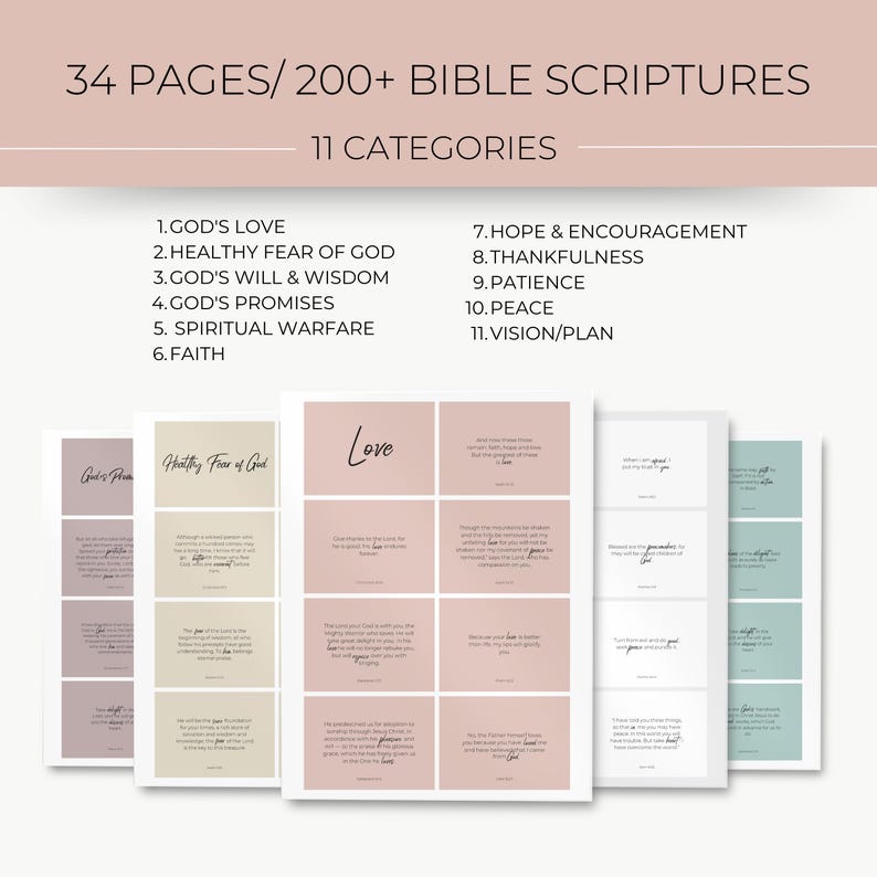 Puede incluir: Un conjunto de tarjetas de vers&iacute;culos b&iacute;blicos imprimibles con 11 categor&iacute;as, que incluyen el amor de Dios, el temor saludable de Dios, la voluntad y la sabidur&iacute;a de Dios, las promesas de Dios, la guerra espiritual, la fe, la esperanza y el aliento, la gratitud, la paciencia, la paz y la visi&oacute;n/el plan. Las tarjetas est&aacute;n en un esquema de color rosa claro, beige y verde claro.