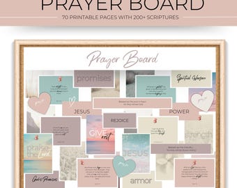 May include: A printable prayer board with a collage of images and text. The board features words like "Jesus", "promises", "rejoice", "power", "strength", and "armor".