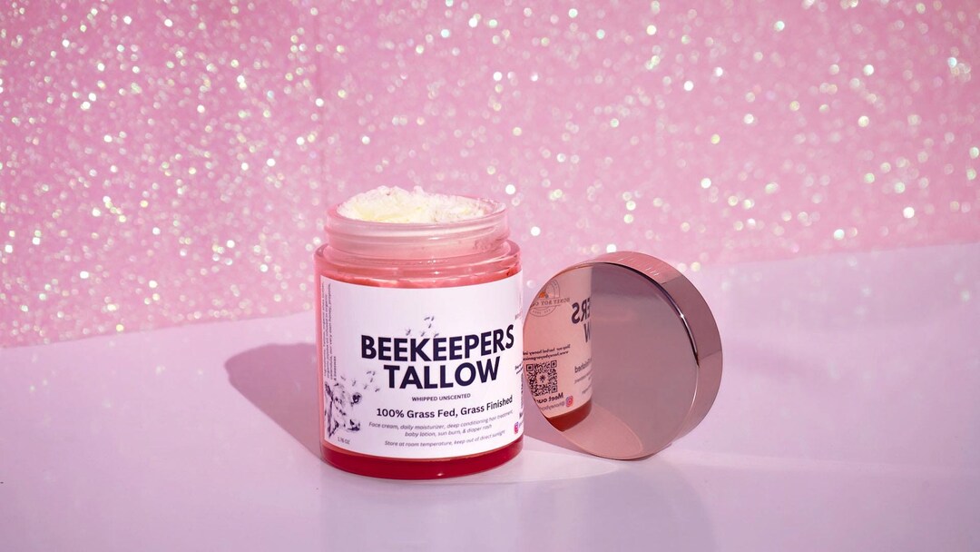 Beekeepers Whipped Tallow, 100% Grass Fed Beef Tallow Moisturizer, Honey,  Propolis, Pink Cap Glass Jar, Face Treatment Ottawa Cattle