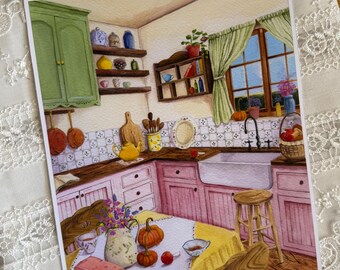 May include: A watercolor print of a kitchen interior featuring green upper cabinets, pink lower cabinets, a white farmhouse sink, and a yellow tablecloth. The scene includes a wooden stool, a loaf of bread, pumpkins, and a vase of flowers.