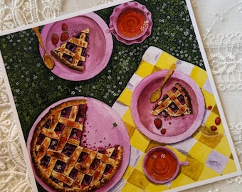 May include: A square art print featuring a watercolor illustration of a picnic scene. A large lattice-crust berry pie sits on a pink plate, with two additional plates each holding a slice of pie, two gold spoons, and two cups of tea on a yellow checkered cloth.