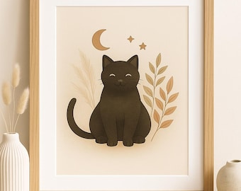 Black Cat Halloween Wall Art | Boho Printable | Neutral Fall & Nursery Decor | Digital Download