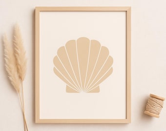 Beżowa muszla – Nadmorska grafika ścienna do druku | Minimalistyczna dekoracja z muszlą morską | Domek na plaży do pobrania w wersji cyfrowej