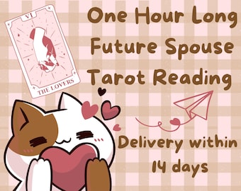 May include: Illustration for a tarot reading service. The image features a cartoon cat holding a heart, a tarot card, and text that reads "One Hour Long Future Spouse Tarot Reading". The background is a pink plaid pattern.