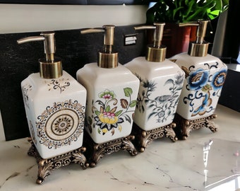 Art Nouveau Soap Dispensers, Floral Soap Dispensers, Handmade Ceramic Soap Dispensers, Refillable Soap Pump Dispensers, Bathroom Decor Gifts
