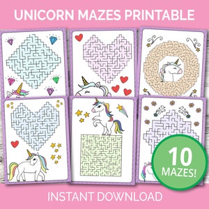 May include: Printable unicorn maze activity set with 10 mazes. The mazes feature different designs, including hearts, diamonds, and circles. The mazes are printed on white paper with a purple border. The text "10 Mazes!" is printed in green on a white circle.