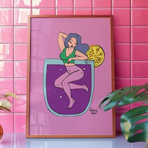 Woman floating art on cocktail poster | Trending now |  Whimsical martini swimmer print for pool house decor