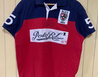 Polo Ralph Lauren Rugby Polo Shirt Vintage de los 90 con logo y escudo bordado, corte personalizado, talla L para hombre.