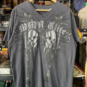 Y2K MMA Elite grunge style double skull & Wing Men&#39;s T-Shirt L , Grunge , Y2K t shirt , Emo