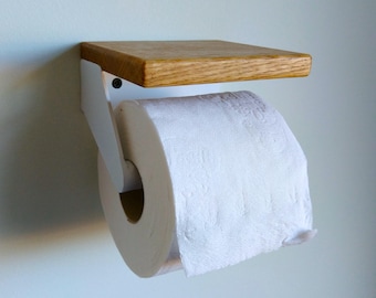 Handmade steel toilet roll holder with oak shelf, black or white