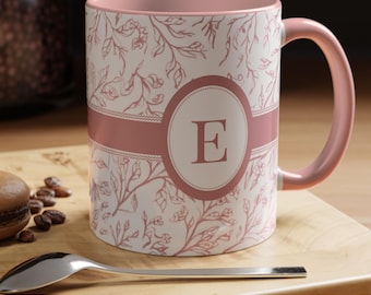 Personalized Initial Mug: Pink Toile Vintage-Inspired Coffee Cup