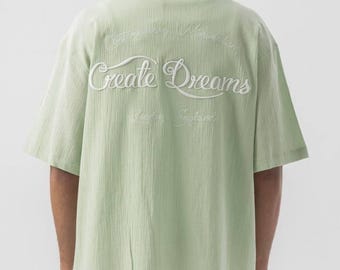 Cool Men&#39;s Shirts Back Embroidery - Mens Baggy Shirt - Relaxed Fit Short Sleeve Button Down - Summer Streetwear Oversized Shirt
