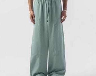 Linen Baggy Pants Men | Wide Leg Loose Fit Summer Trousers | Lightweight Festival Outfit | Beach Casual Look | Men Summer Clothing