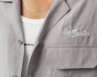 Mens Embroidered Button Down Shirt - Los Santos Shirt - Oversized Summer Shirt - Streetwear Short Sleeve Shirt for Men