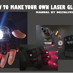 Peut inclure: Une paire de gants laser noirs avec des faisceaux laser rouges. Les gants ont un design noir et rouge et sont portés sur les mains d'une personne. Les gants sont éclairés par des faisceaux laser rouges. L'image montre également les pièces nécessaires à la fabrication des gants, notamment un bloc batterie, des fils et un petit circuit imprimé.