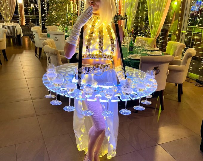Welcome Drink Lady/GlowingTable/ChampagneDress/CocktailDressTable/EventDecor/PartyFurniture/VIPEvent/LuxuryCatering/UniqueBarTable/Wedding/