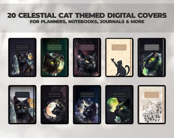 20 Capas para Cadernos Digitais com Tema de Gato Celestial | Capas para Cadernos, Diários e Planejadores Digitais | Capas Digitais para Goodnotes e Notability