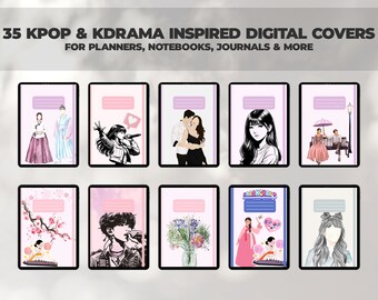35 capas para cadernos digitais inspiradas em K-pop e K-drama | Caderno digital, diário, capas de planejador | Capas Digitais para Goodnotes e Notabilidade