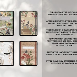 Pode incluir: Quatro capas de planejador digital com uma est&eacute;tica vintage. As capas apresentam uma variedade de designs, incluindo uma colagem de imagens, um padr&atilde;o floral, um r&aacute;dio vintage e uma ilustra&ccedil;&atilde;o bot&acirc;nica. O texto na imagem diz: "Este produto &eacute; digital. Nenhum item f&iacute;sico ser&aacute; enviado. Ap&oacute;s concluir seu pedido, v&aacute; para a se&ccedil;&atilde;o "Compras" da sua conta. Em seguida, clique em baixar arquivos no pedido relevante para acessar os arquivos comprados. Voc&ecirc; pode ent&atilde;o usar os arquivos para imprimi-los ou us&aacute;-los digitalmente em aplicativos como Goodnotes, Notability, etc. Devido &agrave; natureza deste item, ele n&atilde;o pode ser devolvido ou reembolsado. Se voc&ecirc; tiver alguma d&uacute;vida, sinta-se &agrave; vontade para entrar em contato comigo!"