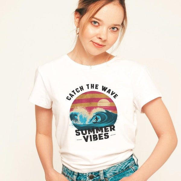 Stunning Vintage Catch The Wave Summer Vibes T-Shirt: Lovely Summer Shirt, Summer Gift, Best Friend Gift, Surfing Shirt, Beach Tshirt