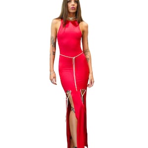 Red stretch satin long slit dress reversible with rhinestone cord and belt