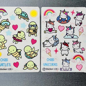May include: Three sheets of stickers featuring cute cartoon characters. The first sheet has green turtles with different accessories, the second sheet has unicorns with rainbow accents, and the third sheet has unicorns with different accessories. Each sheet has the text "CHIBI TURTLES" or "CHIBI UNICORNS" and "Sticker Junkie".