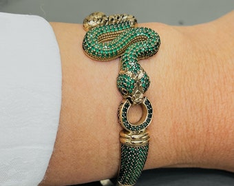 Emerald Stone Micro Zircon Bracelet, Turkish Handmade Sterling Silver 925 Single Headed Snake Bracelet 21.5 gr, Elegant Bangle, Gift For Her