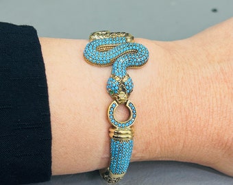 Turquoise Stone Micro Zircon Bracelet, Turkish Handmade Sterling Silver 925 Single Headed Snake Bracelet 21.6 gr, Bangle, Gift For Her