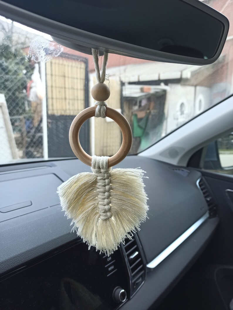 Boho Auto Charm Accessoire Makramee-Autospiegel aus Holz zum Aufhängen Geschenkideen für Gäste Hochzeitsgeschenke Braut-Baby-Geschenke Geschenk für Sie Bild 4