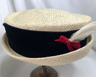 Rare Find! Wonderful 1940's Straw Hat with Black Velvet Ribbon and White Feathers (Breton)