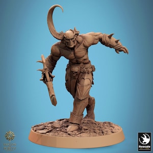 May include: A detailed figurine of a muscular, horned demon warrior, holding a sword. The figure is brown with intricate armor and a skull-like mask. The base is a light brown, textured surface. The background is a solid blue.