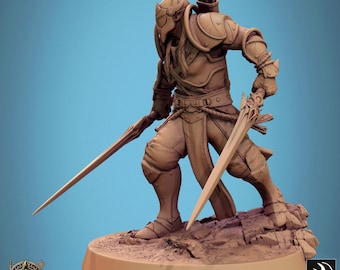 Centinela lunar élfico con espadas dobles, listo para Rescale Miniatures / DND / D&D / TTRPG / Mesa / Miniatura / Miniatura
