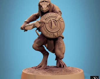Miniatura del Hombre Lagarto Nacido de la Oscuridad: Espada y Escudo - Figura de D&D TTRPG