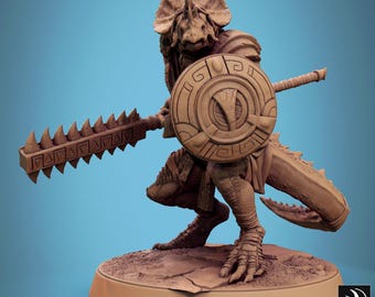 Miniatura de Hombre Lagarto Grimscale con bloque de lanza - Figura de resina de D&D de 32 mm