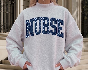 Nurse Polka Dot Mockneck Sweatshirt Varsity Style Crew Mock Neck Sweater Nursing Student Gift RN Labor and Delivery Emergency Department