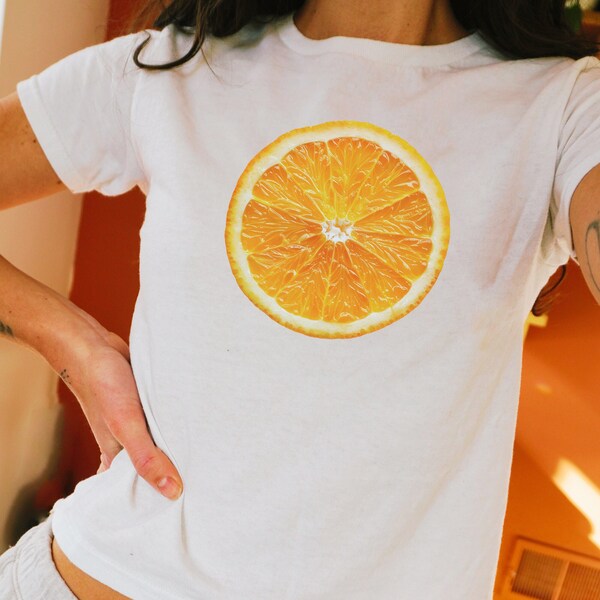 Orange Baby Tee Orange Crop Top Baby Tee Fruit Print Baby Tee Y2K Crop Top