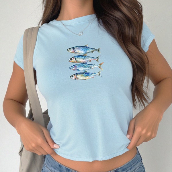 Sardine Baby Tee Sardine Shirt Kitschy Baby Tee Trendy Baby Tee Baby Crop Tee Blue Baby Tee