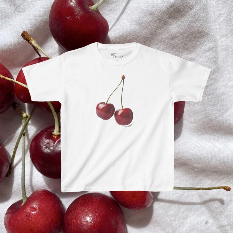 Mon Cheri Cherry Baby Tee, Trendy Fruit Crop Top, Downtown Girl T Shirt, Y2K Red Cherries Graphic T-Shirt, Cherry Bomb Mini 90s 2000s Tee White