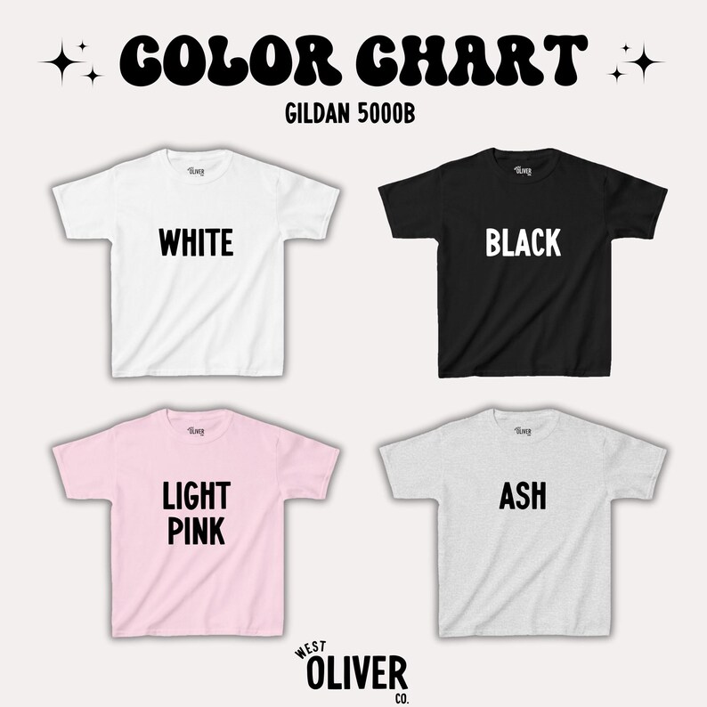 May include: Color chart for Gildan 5000B t-shirts. The chart shows four t-shirts in different colors: white, black, light pink, and ash.