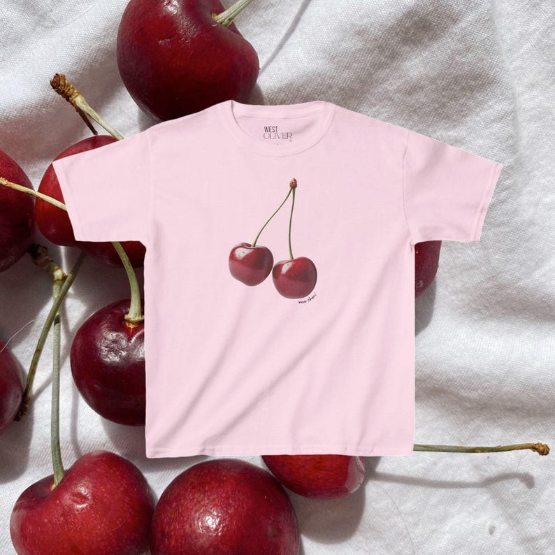 Mon Cheri Cherry Baby Tee, Trendy Fruit Crop Top, Downtown Girl T Shirt, Y2K Red Cherries Graphic T-Shirt, Cherry Bomb Mini 90s 2000s Tee Light Pink