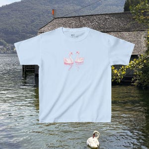 Camiseta Coquette Swan Baby para mujer, top corto de estilo femenino suave, conjunto ideal para conciertos, camiseta delicada y femenina, camiseta mini de moda estilo años 90 (Y2K). Light Blue